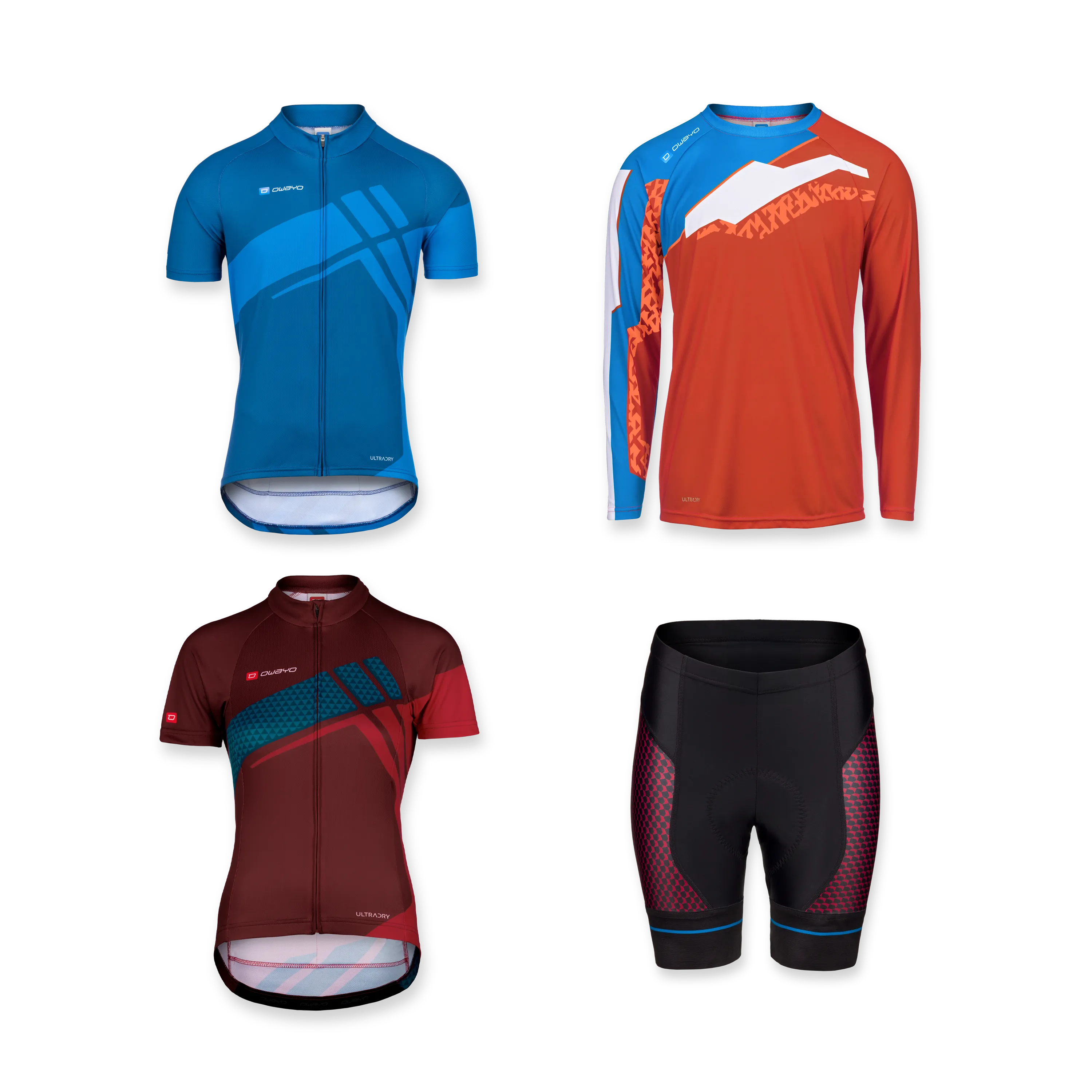Todos los productos Cuatro prendas deportivas diferentes para ciclistas, incluyendo camisetas de manga corta y larga y un par de pantalones cortos de ciclismo en varios colores y diseños.