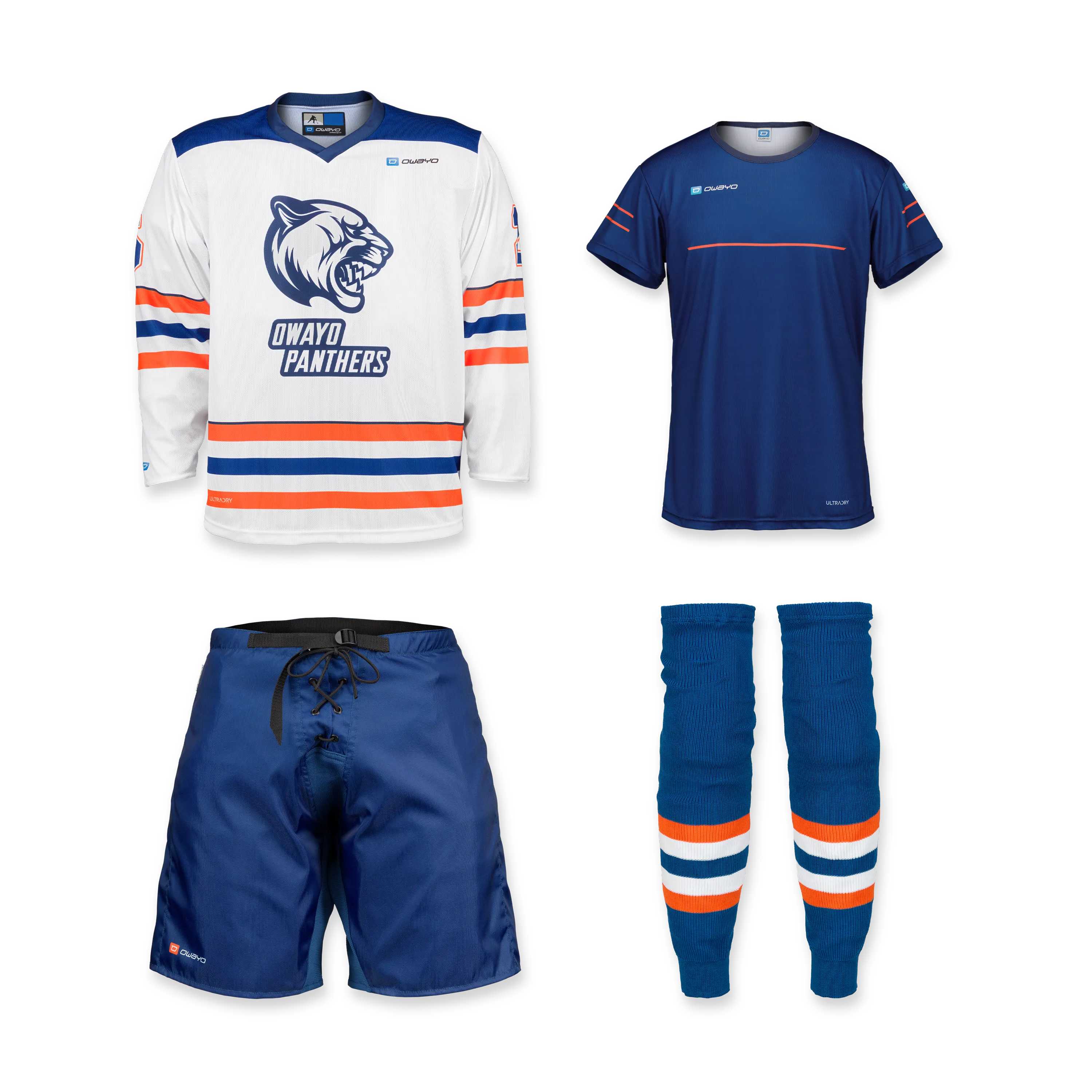 Todos los productos Un conjunto que incluye una camiseta de hockey blanca con rayas azules y naranjas, una camiseta deportiva azul, pantalones cortos azules y calcetines azules con rayas naranjas.